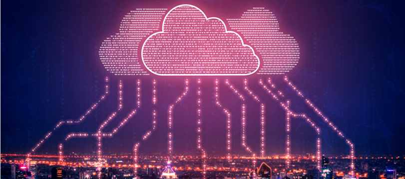 Digital cloud computing illustration with glowing network lines connecting to a city skyline at night.