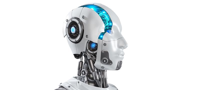 Futuristic AI robot head with visible circuits and glowing blue lights inside its mechanical design.