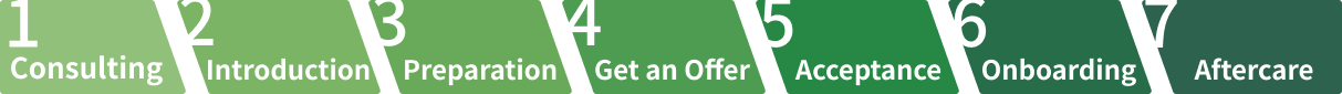 Recruitment process 7 steps shown in green chart from Consulting to Aftercare.