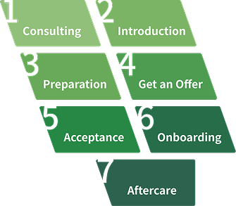Recruitment process 7 steps shown in green chart from Consulting to Aftercare.