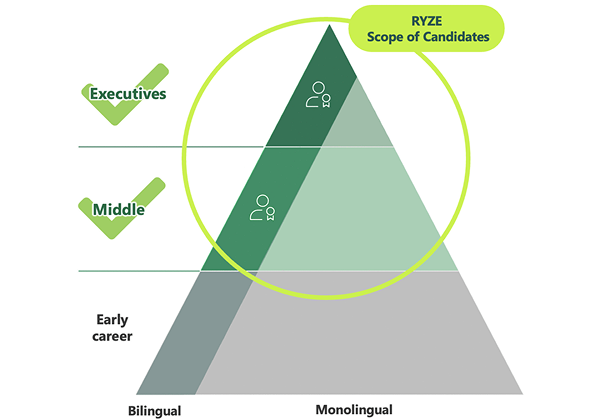 Pyramid diagram showing Ryze's main talent scope, including executive, middle, and early career bilingual and monolingual talent.