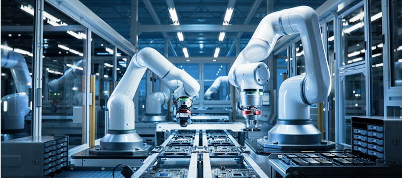 Industrial robotic arms operating in a smart factory symbolizing automation and advanced manufacturing.