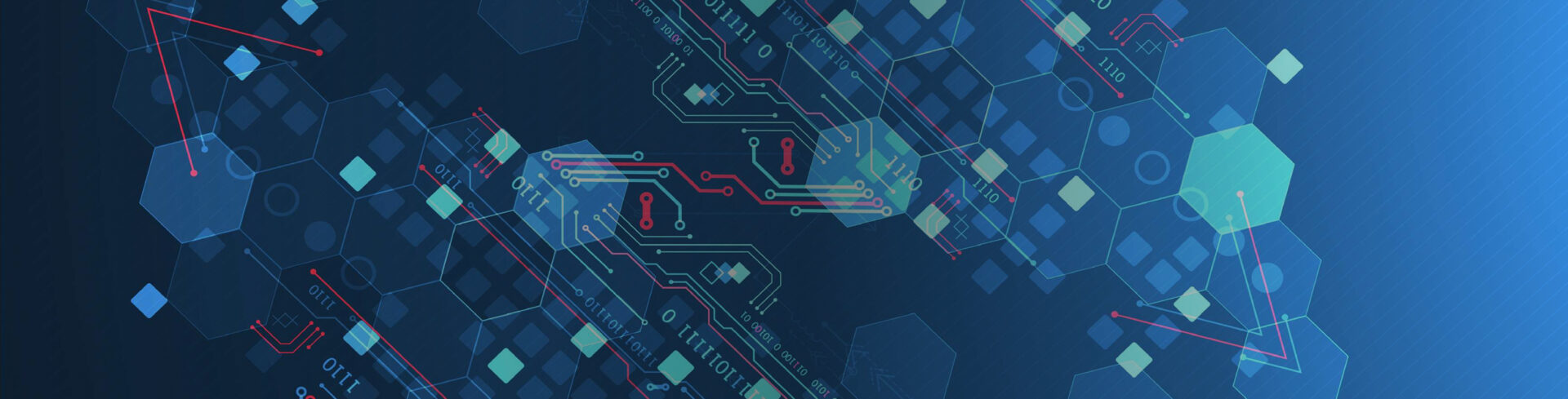 Blue digital network background with hexagons and circuit patterns symbolizing modern technology.