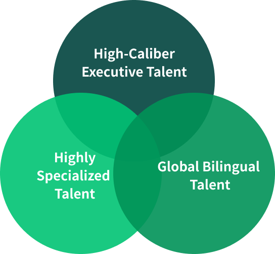A Venn diagram showing the intersection of high-class executive talent, highly specialized talent, and global bilingual talent.