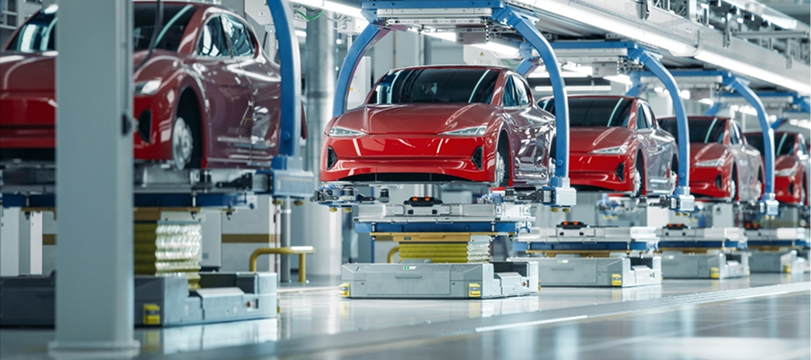 自動車工場の生産ラインで赤い車が並び製造されている様子。最新の自動化技術による大量生産を表現。
