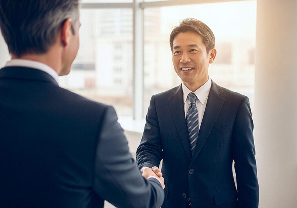 スーツを着た男性同士が握手を交わしているビジネスシーンです。